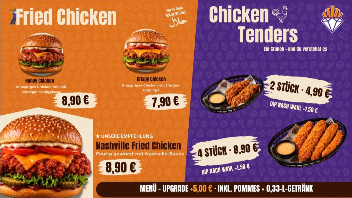 Menütafel Fried Chicken und Chicken Tenders mit Preisen