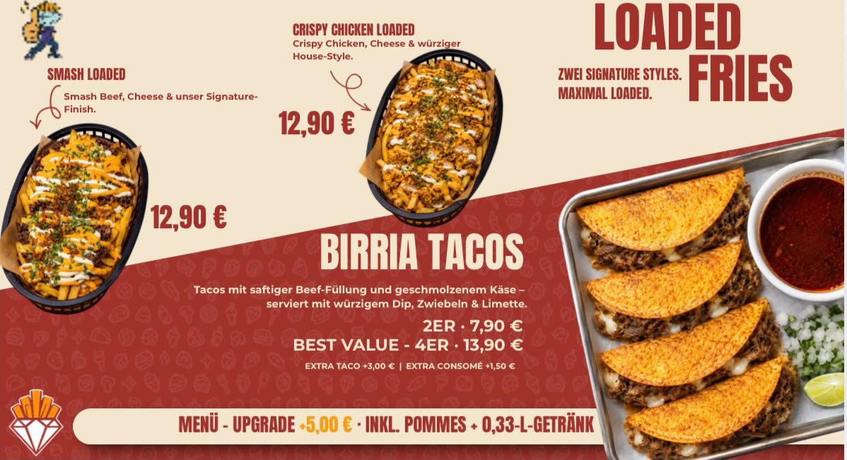 Menütafel Loaded Fries und Birria Tacos mit Preisen