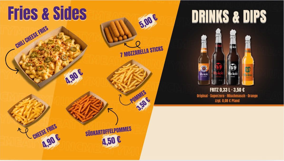 Menütafel Fries, Sides und Drinks mit Preisen